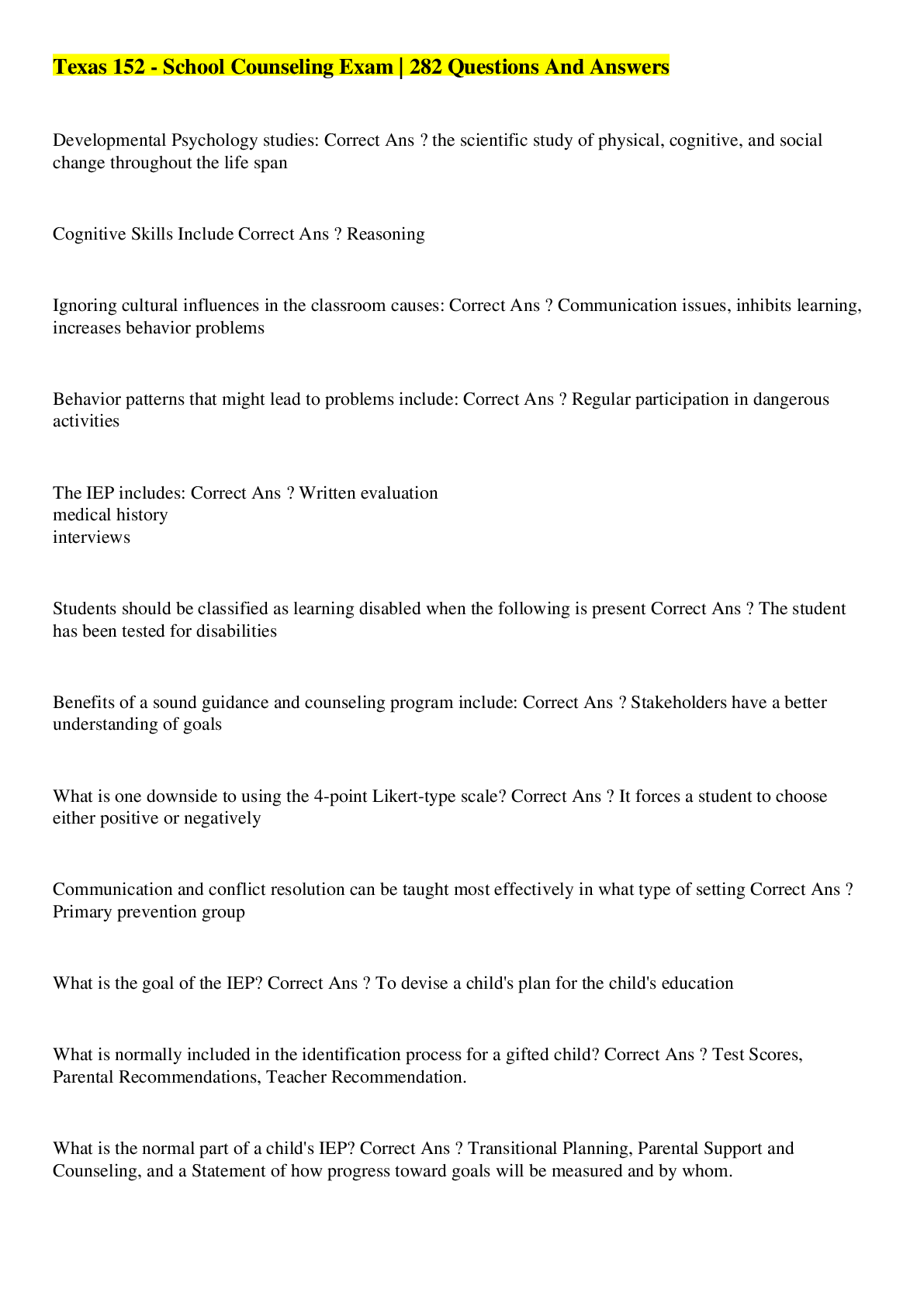 Preview image for Texas 152 - School Counseling Exam | 282 Questions And Answers